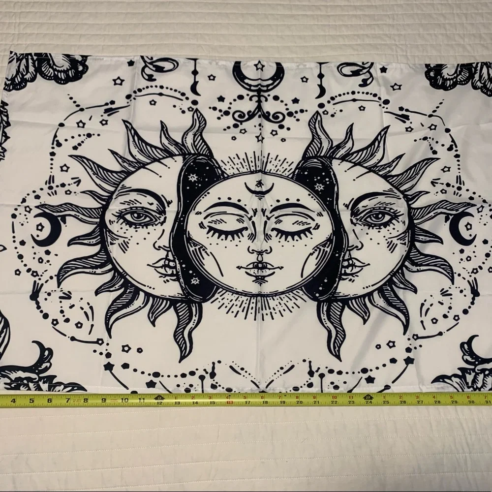 White And Black Tapestry Moon Plases Sun Solar Face Star Floral Ray Eclipse Half